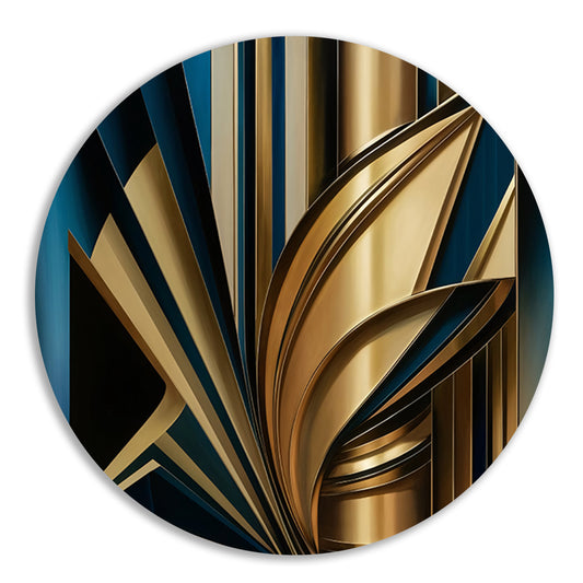 Abstracte goud-blauwe lijnen kunstwerk aluminium muurcirkel