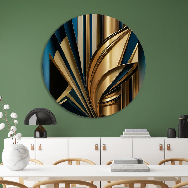Abstracte goud-blauwe lijnen kunstwerk aluminium muurcirkel