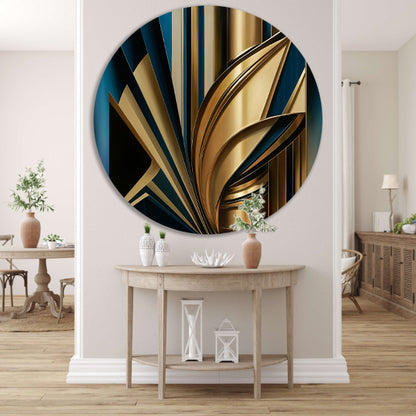 Abstracte goud-blauwe lijnen kunstwerk aluminium muurcirkel