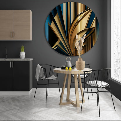 Abstracte goud-blauwe lijnen kunstwerk aluminium muurcirkel
