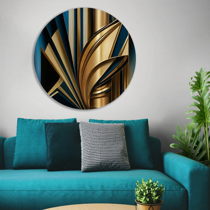 Abstracte goud-blauwe lijnen kunstwerk aluminium muurcirkel