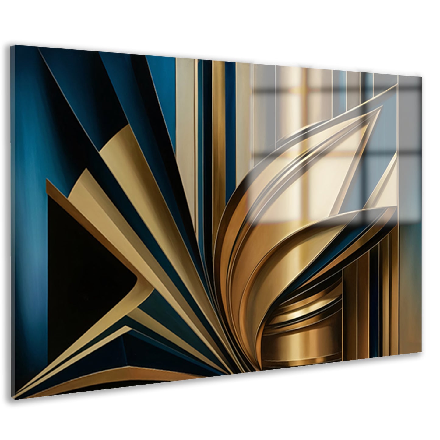 Abstracte goud-blauwe lijnen kunstwerk acrylglas