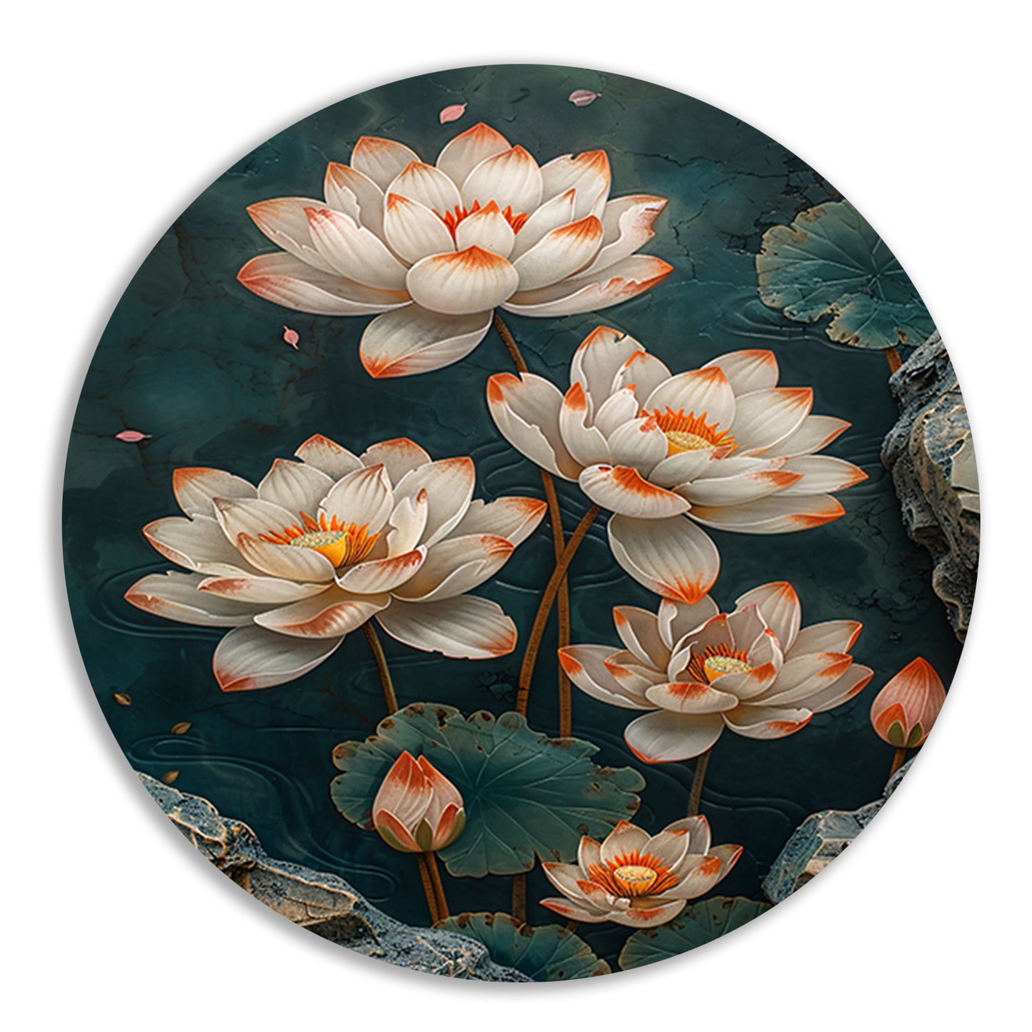 Modern kunst met turquoise lotusbloemen aluminium muurcirkel