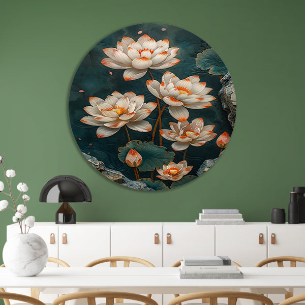 Modern kunst met turquoise lotusbloemen aluminium muurcirkel