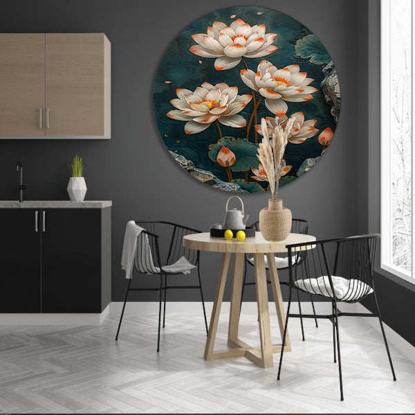 Modern kunst met turquoise lotusbloemen aluminium muurcirkel