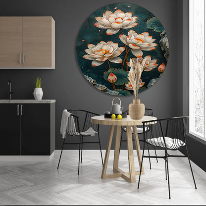 Modern kunst met turquoise lotusbloemen aluminium muurcirkel