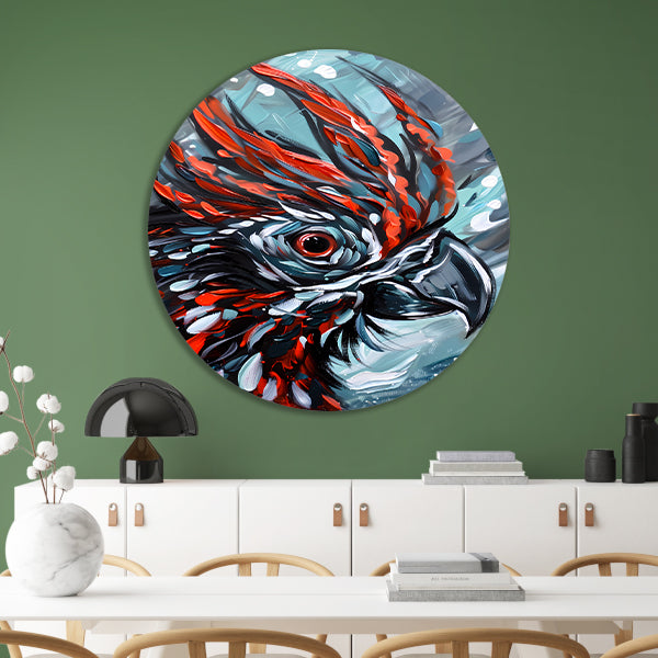 Abstract schilderij van kleurrijke papegaai aluminium muurcirkel