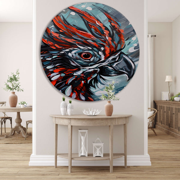 Abstract schilderij van kleurrijke papegaai aluminium muurcirkel