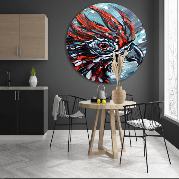 Abstract schilderij van kleurrijke papegaai aluminium muurcirkel