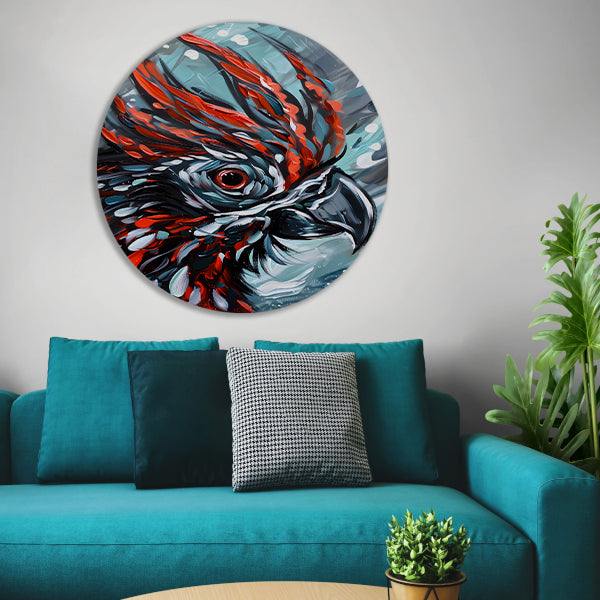 Abstract schilderij van kleurrijke papegaai aluminium muurcirkel
