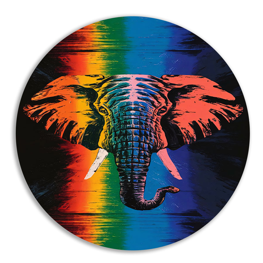 Kleurrijk olifant kunstwerk met regenboogkleuren aluminium muurcirkel