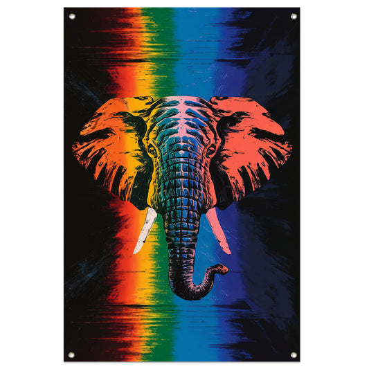 Kleurrijk olifant kunstwerk met regenboogkleuren tuinposter