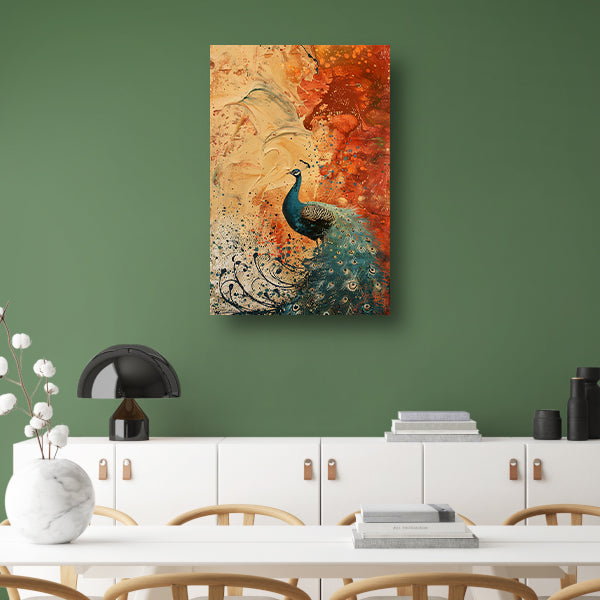Kleurrijk abstract schilderij met een pauw poster