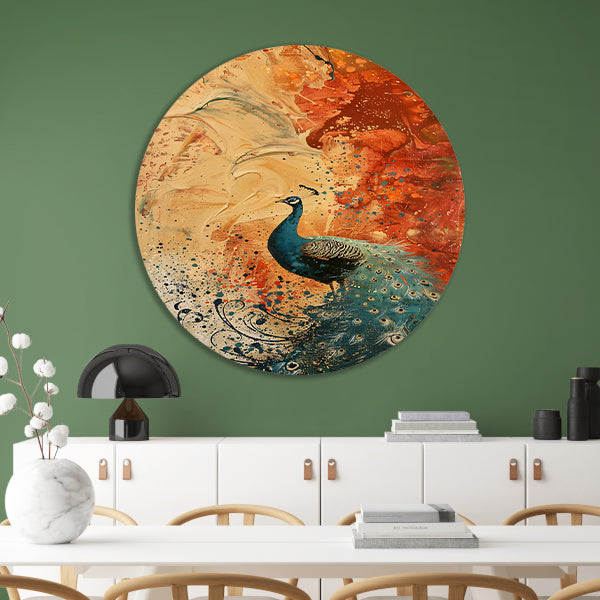 Kleurrijk abstract schilderij met een pauw forex muurcirkel