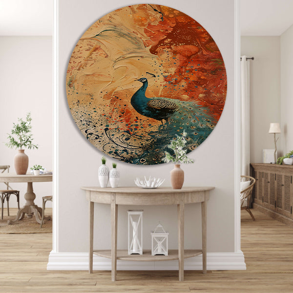 Kleurrijk abstract schilderij met een pauw forex muurcirkel