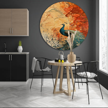 Kleurrijk abstract schilderij met een pauw forex muurcirkel