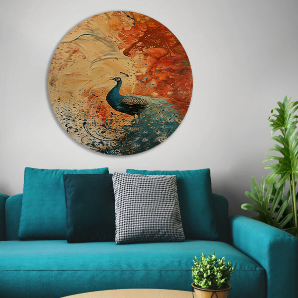 Kleurrijk abstract schilderij met een pauw forex muurcirkel