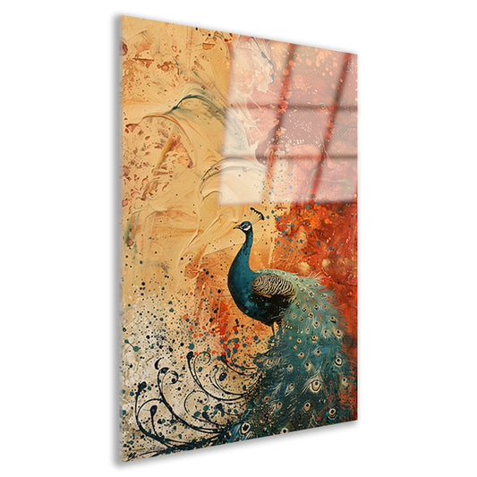 Kleurrijk abstract schilderij met een pauw acrylglas