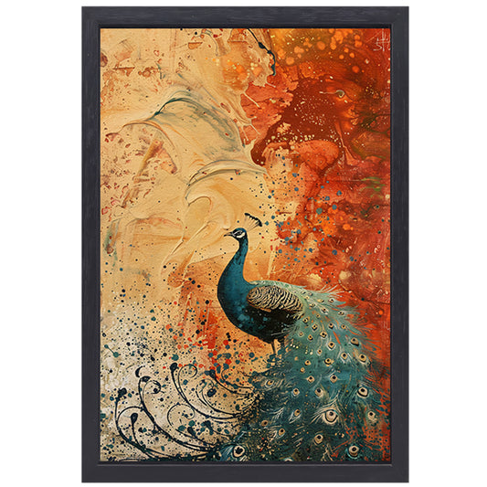 Kleurrijk abstract schilderij met een pauw canvas met baklijst