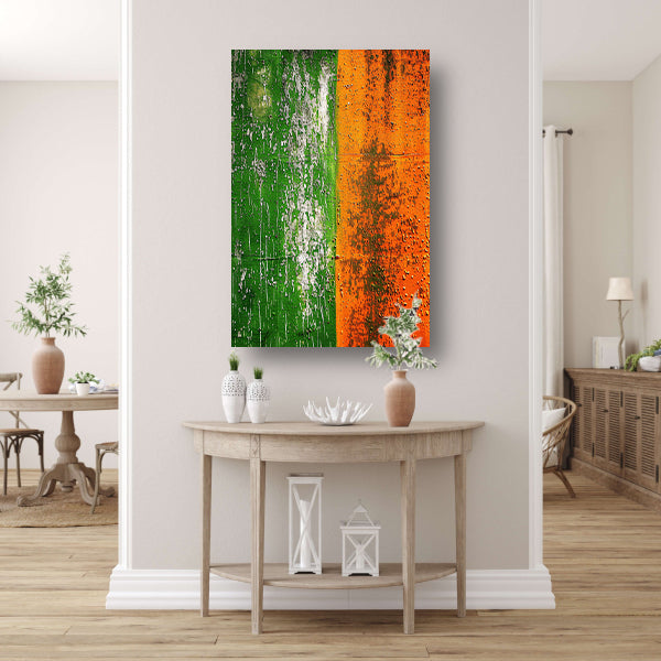 Abstract schilderij met groene en oranje tinten poster