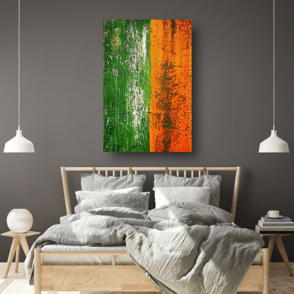 Abstract schilderij met groene en oranje tinten canvas met baklijst