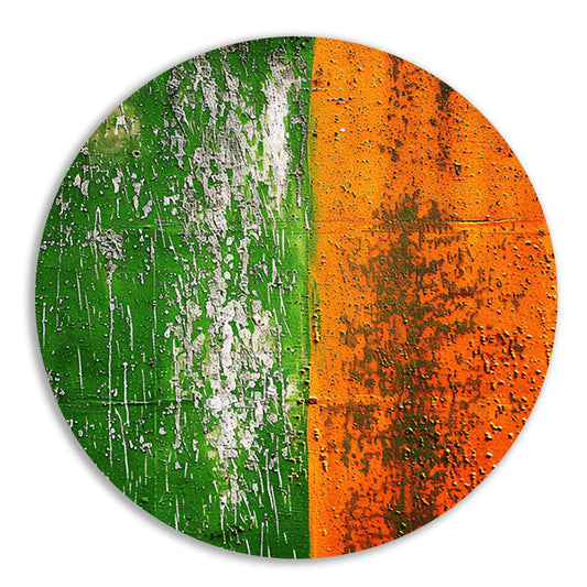 Abstract schilderij met groene en oranje tinten aluminium muurcirkel