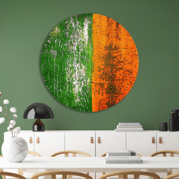Abstract schilderij met groene en oranje tinten forex muurcirkel