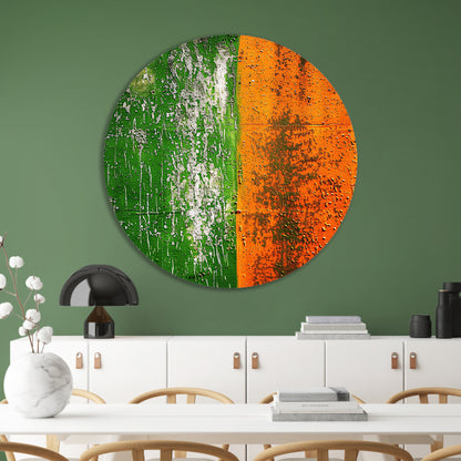 Abstract schilderij met groene en oranje tinten aluminium muurcirkel