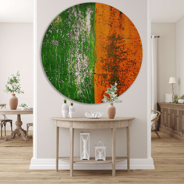 Abstract schilderij met groene en oranje tinten forex muurcirkel