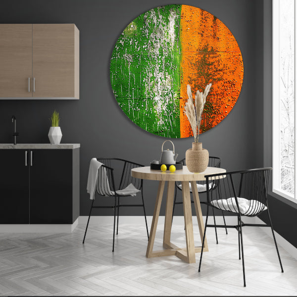Abstract schilderij met groene en oranje tinten aluminium muurcirkel