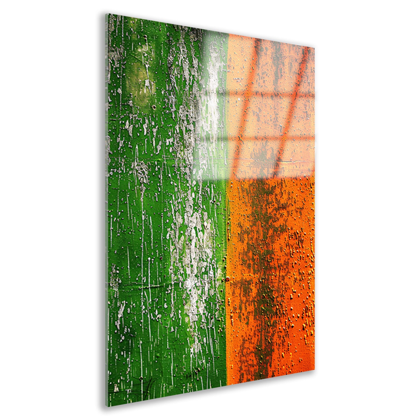 Abstract schilderij met groene en oranje tinten acrylglas