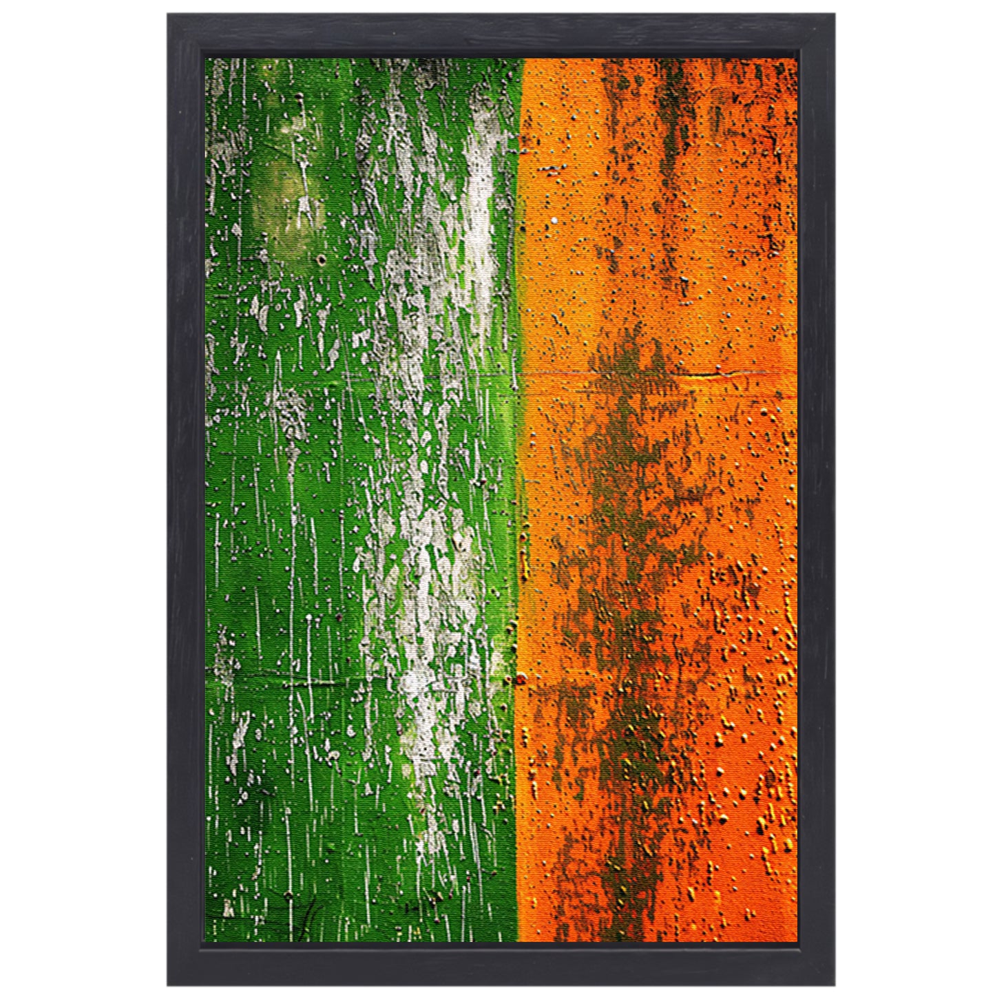 Abstract schilderij met groene en oranje tinten canvas met baklijst