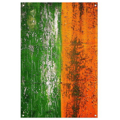 Abstract schilderij met groene en oranje tinten tuinposter