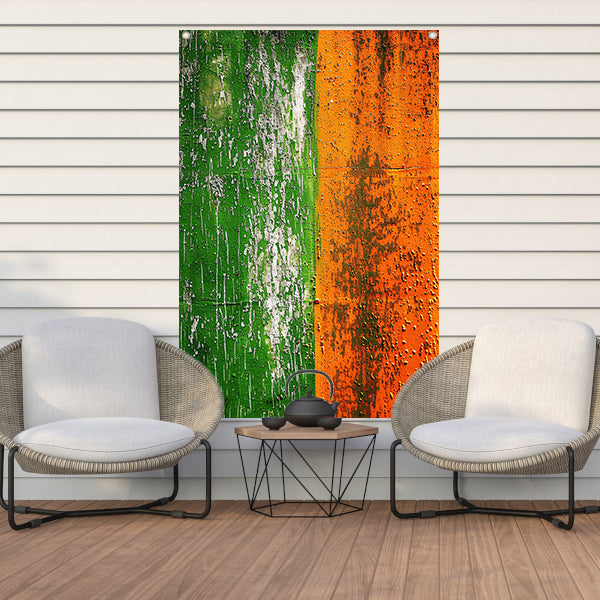 Abstract schilderij met groene en oranje tinten tuinposter