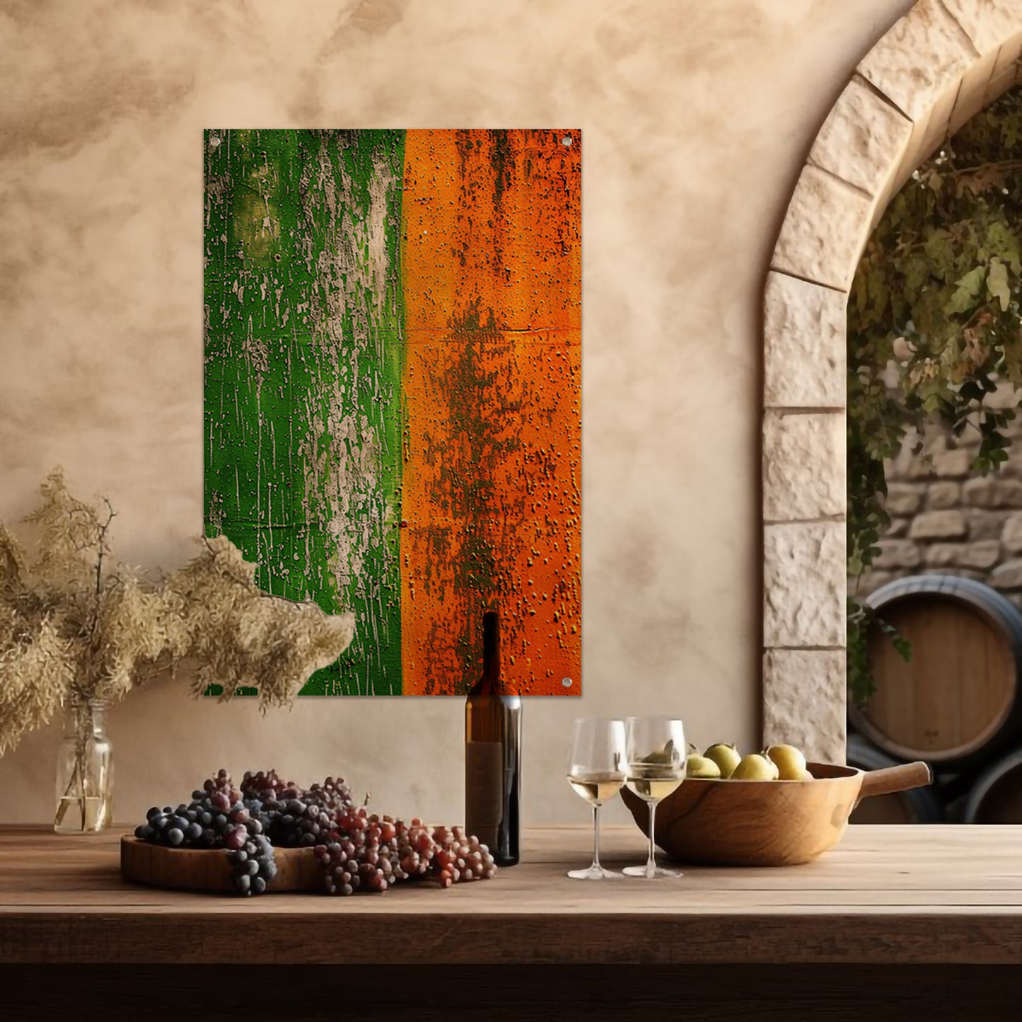Abstract schilderij met groene en oranje tinten tuinposter