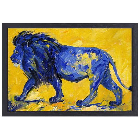 Schilderij van een abstracte blauwe leeuw canvas met baklijst