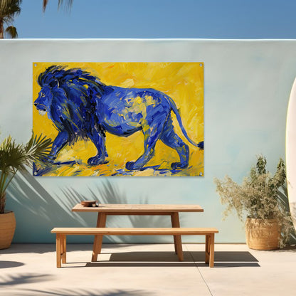 Schilderij van een abstracte blauwe leeuw tuinposter
