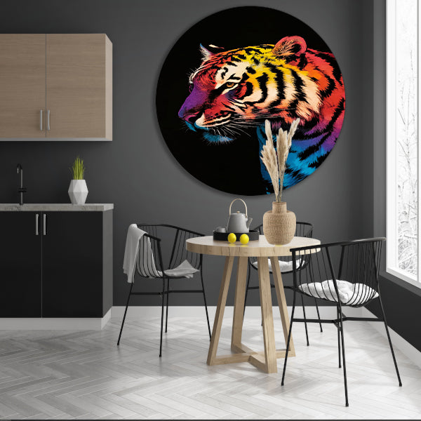 Kleurrijke surrealistische tijger met abstracte details aluminium muurcirkel