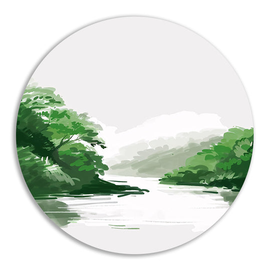Rustgevend schilderij van rivier en bomen aluminium muurcirkel