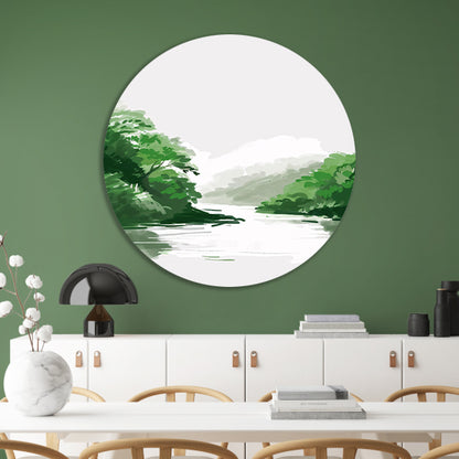 Rustgevend schilderij van rivier en bomen aluminium muurcirkel
