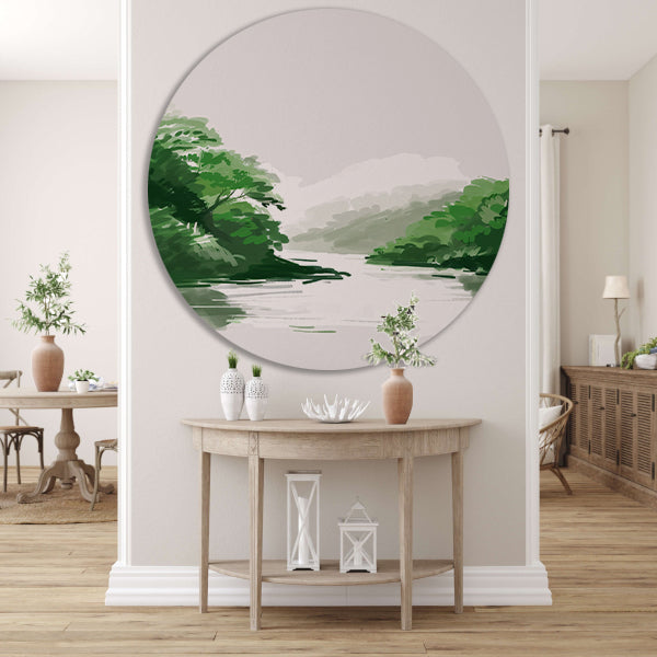 Rustgevend schilderij van rivier en bomen aluminium muurcirkel