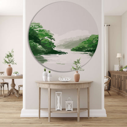 Rustgevend schilderij van rivier en bomen aluminium muurcirkel