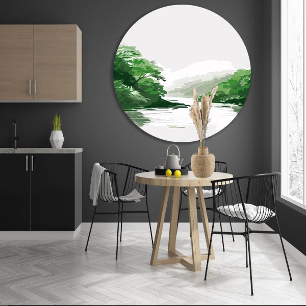 Rustgevend schilderij van rivier en bomen aluminium muurcirkel