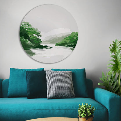Rustgevend schilderij van rivier en bomen aluminium muurcirkel