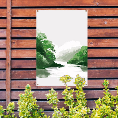Rustgevend schilderij van rivier en bomen tuinposter