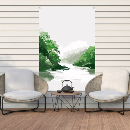 Rustgevend schilderij van rivier en bomen tuinposter