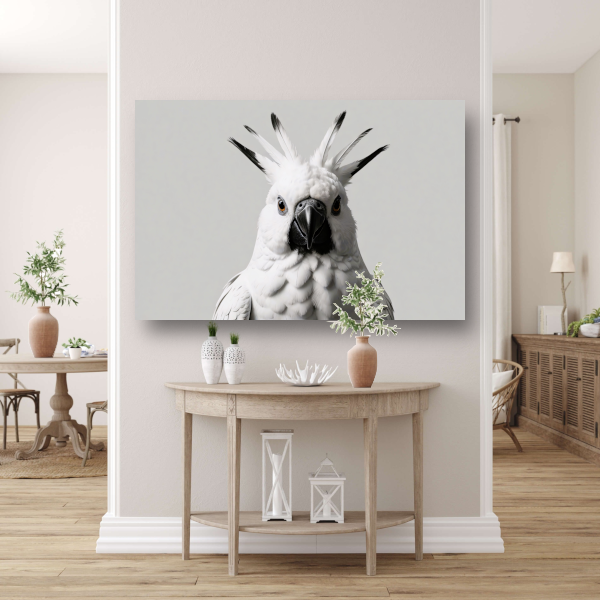 Close-up van een witte kaketoe met details canvas met baklijst