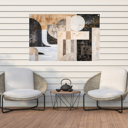 Monochrome Abstractie met Gouden Accenten tuinposter