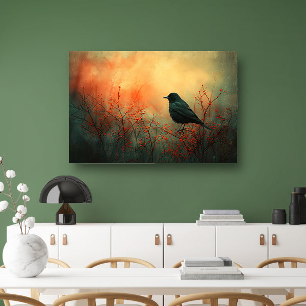 Vogel tussen de vlammende rode planten canvas