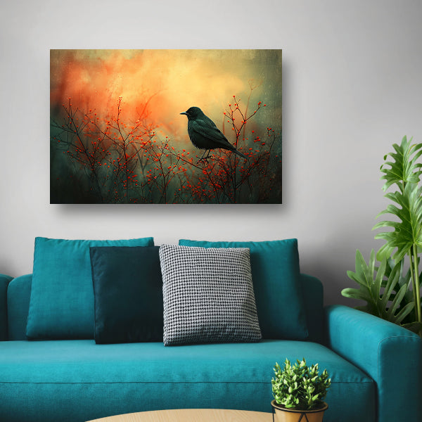 Vogel tussen de vlammende rode planten canvas